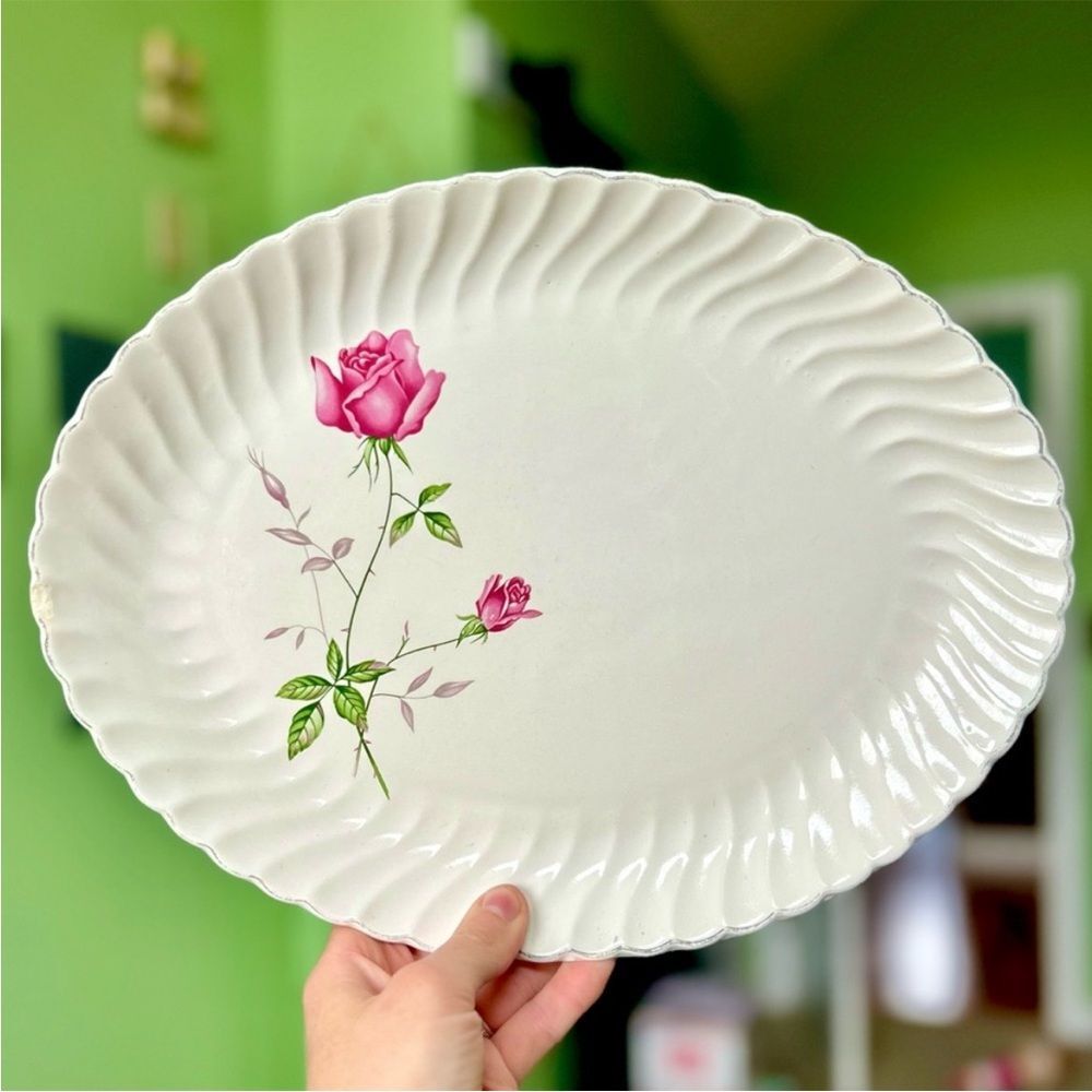 VTG Oval Elegant Floral Rose Platter Flower Kitchen Serving Platter Art